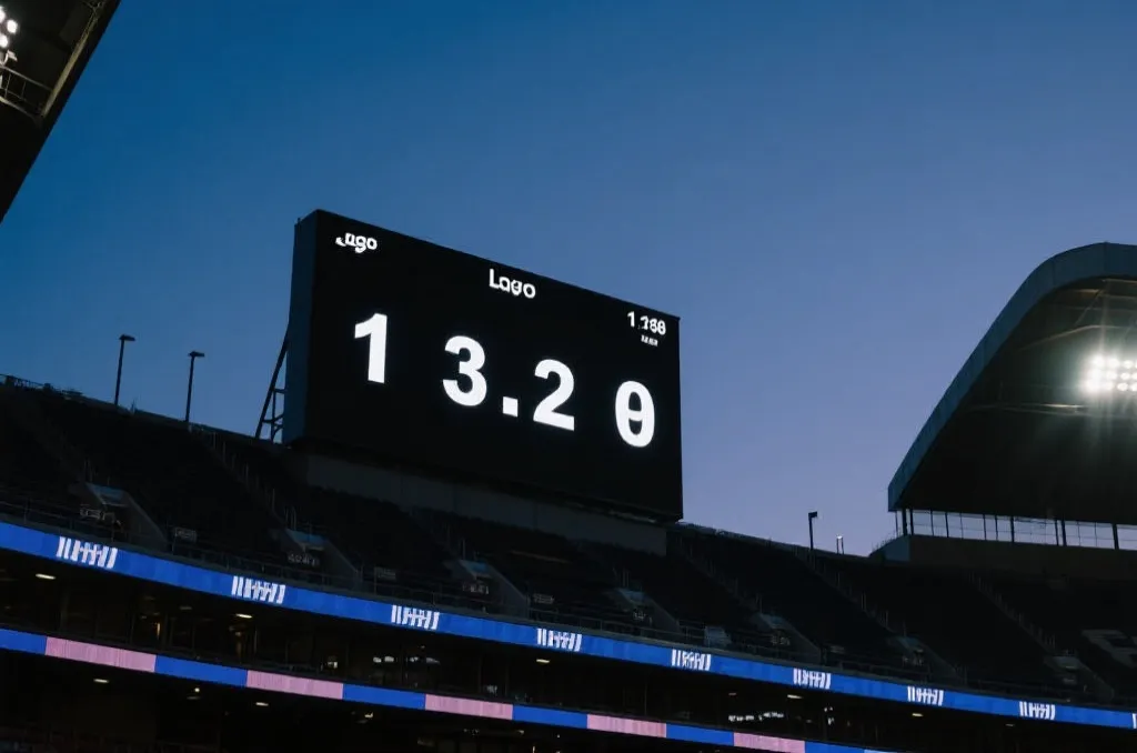 A modern digital scoreboard displaying match statistics with green stadium light background